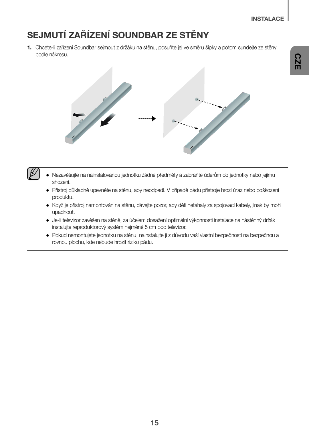 Samsung HW-K550/ZF, HW-K551/EN, HW-K550/EN, HW-K551/ZF, HW-K561/XE, HW-K560/XE manual Sejmutí Zařízení Soundbar ZE Stěny 