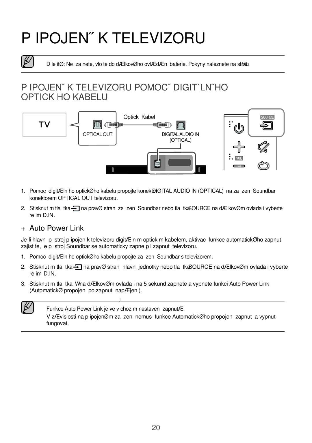 Samsung HW-K551/ZF, HW-K551/EN, HW-K550/EN manual Připojení K Televizoru Pomocí Digitálního Optického Kabelu, Režim D.IN 