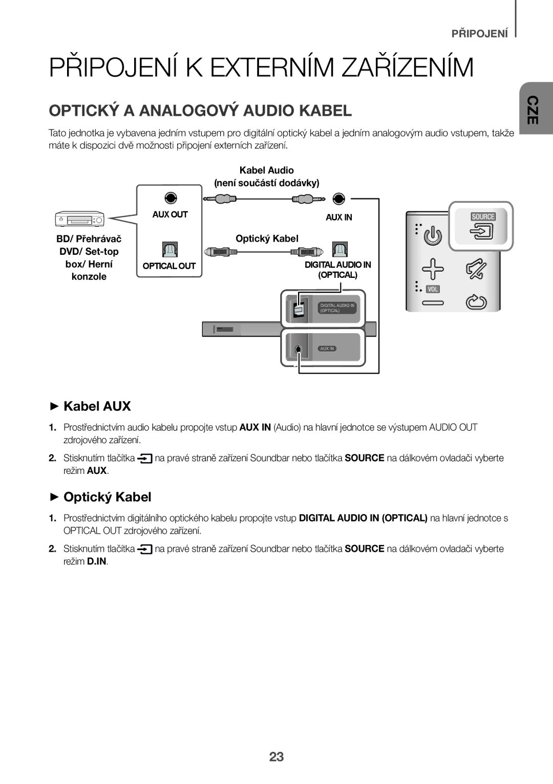 Samsung HW-K560/XE manual Připojení K Externím Zařízením, Optický a Analogový Audio Kabel, ++Kabel AUX, ++Optický Kabel 