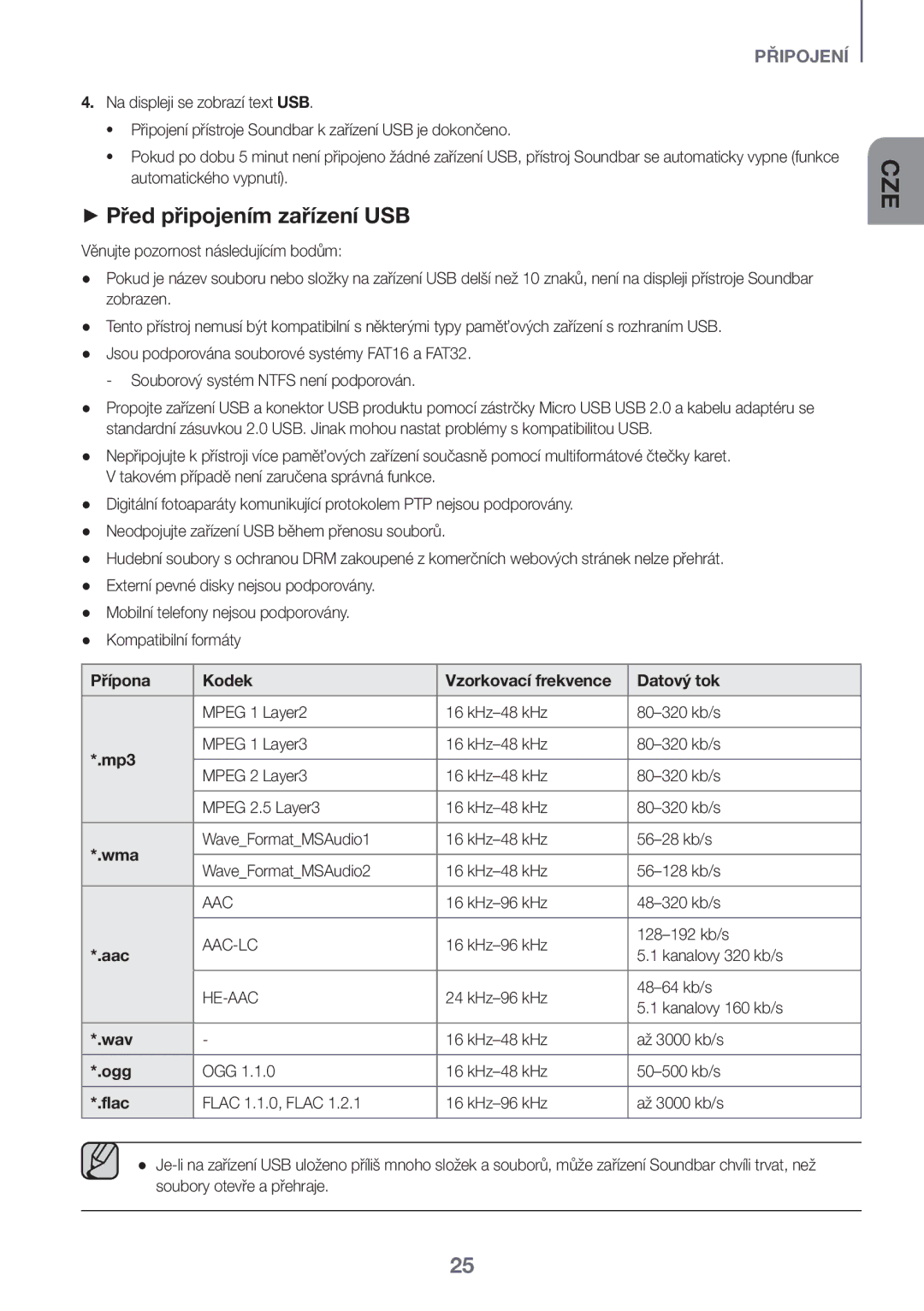 Samsung HW-K550/EN, HW-K551/EN, HW-K551/ZF ++Před připojením zařízení USB, Přípona Kodek Vzorkovací frekvence Datový tok 