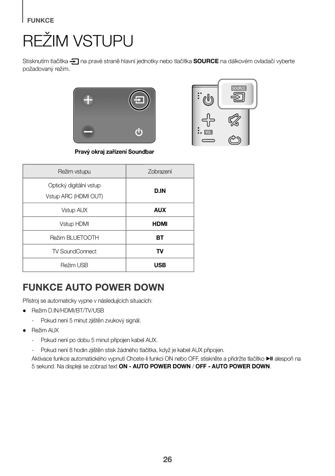 Samsung HW-K551/ZF, HW-K551/EN, HW-K550/EN Režim Vstupu, Funkce Auto Power Down, Požadovaný režim, Režim vstupu Zobrazení 