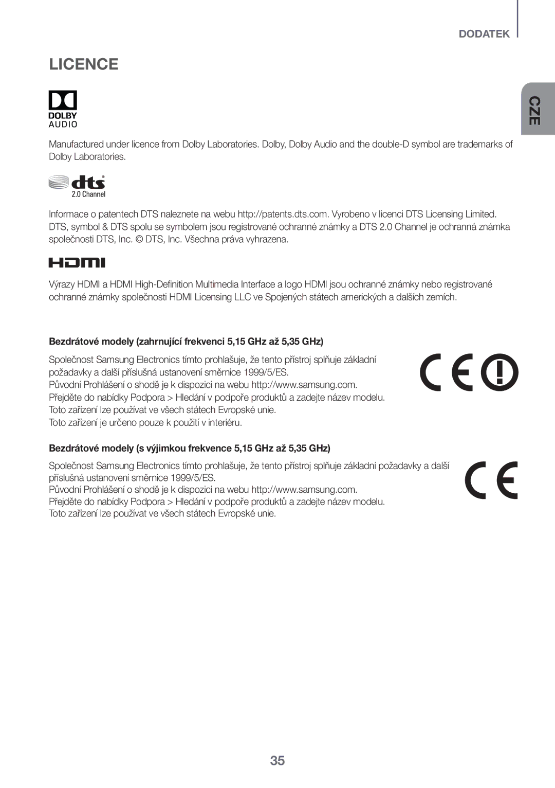 Samsung HW-K560/XE, HW-K551/EN, HW-K550/EN, HW-K551/ZF Licence, Bezdrátové modely zahrnující frekvenci 5,15 GHz až 5,35 GHz 