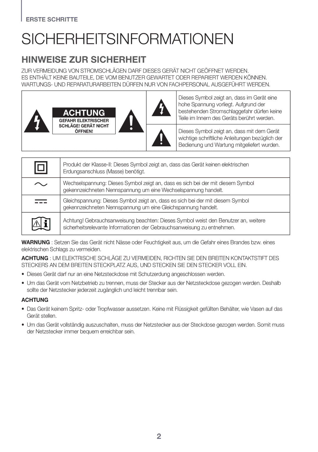 Samsung HW-K551/ZF, HW-K551/EN, HW-K550/EN, HW-K550/ZF, HW-K561/XE Sicherheitsinformationen, Hinweise ZUR Sicherheit, Achtung 