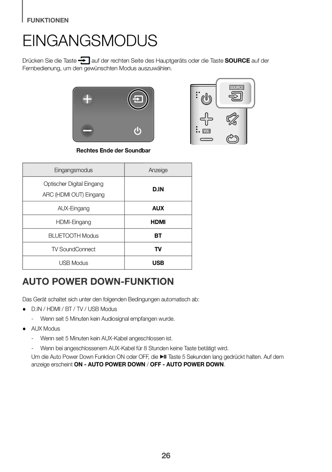 Samsung HW-K551/ZF, HW-K551/EN, HW-K550/EN, HW-K550/ZF, HW-K561/XE manual Auto Power DOWN-FUNKTION, Eingangsmodus Anzeige 