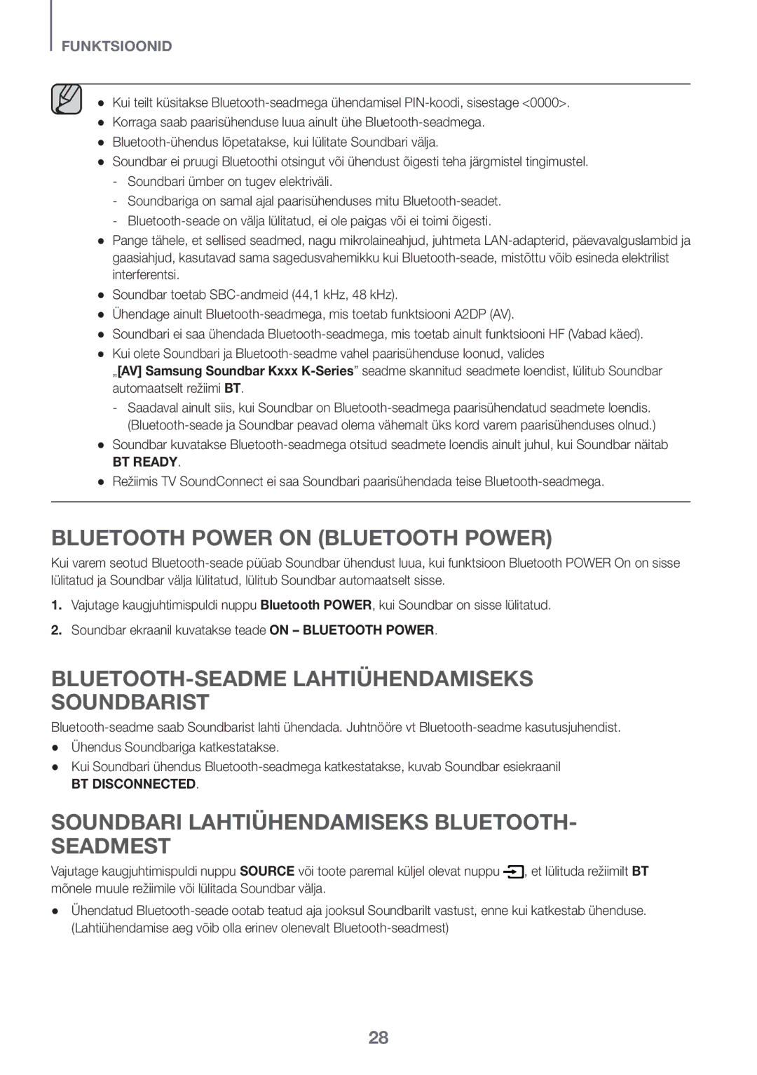 Samsung HW-K561/XE manual BLUETOOTH-SEADME Lahtiühendamiseks Soundbarist, Soundbari Lahtiühendamiseks BLUETOOTH- Seadmest 