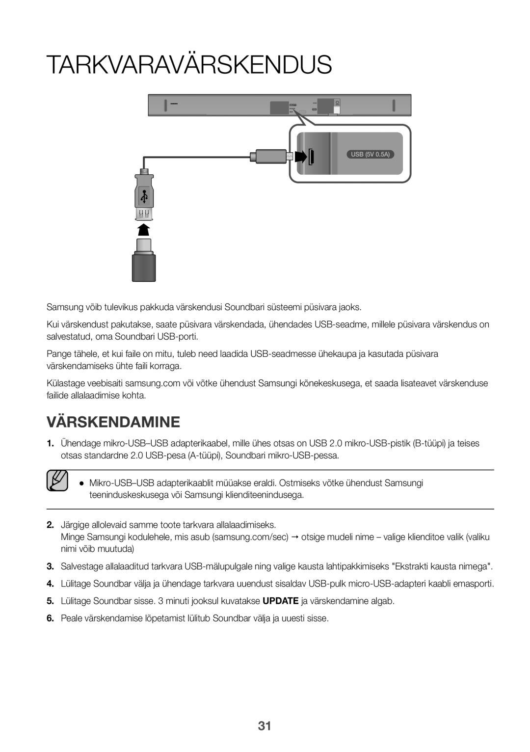 Samsung HW-K550/EN, HW-K551/EN, HW-K551/ZF, HW-K550/ZF, HW-K561/XE, HW-K560/XE manual Tarkvaravärskendus, Värskendamine 