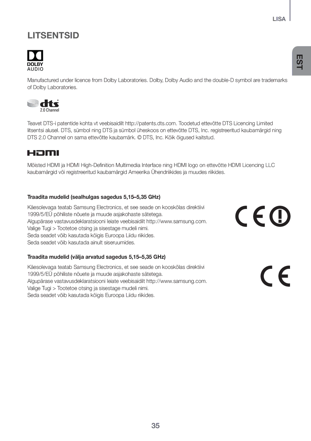 Samsung HW-K560/XE, HW-K551/EN, HW-K550/EN, HW-K551/ZF manual Litsentsid, Traadita mudelid sealhulgas sagedus 5,15-5,35 GHz 