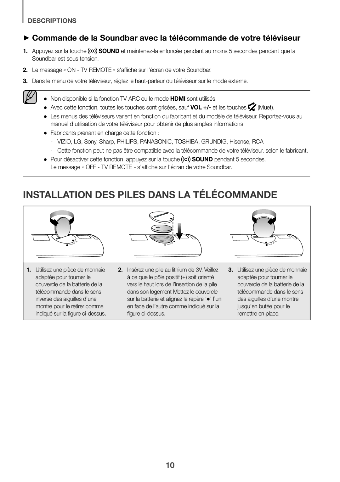 Samsung HW-K561/XE, HW-K551/EN, HW-K550/EN, HW-K551/ZF Installation DES Piles Dans LA Télécommande, Sound pendant 5 secondes 