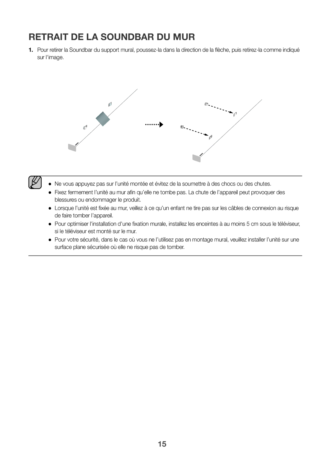 Samsung HW-K550/ZF, HW-K551/EN, HW-K550/EN, HW-K551/ZF, HW-K561/XE, HW-K560/XE manual Retrait DE LA Soundbar DU MUR 
