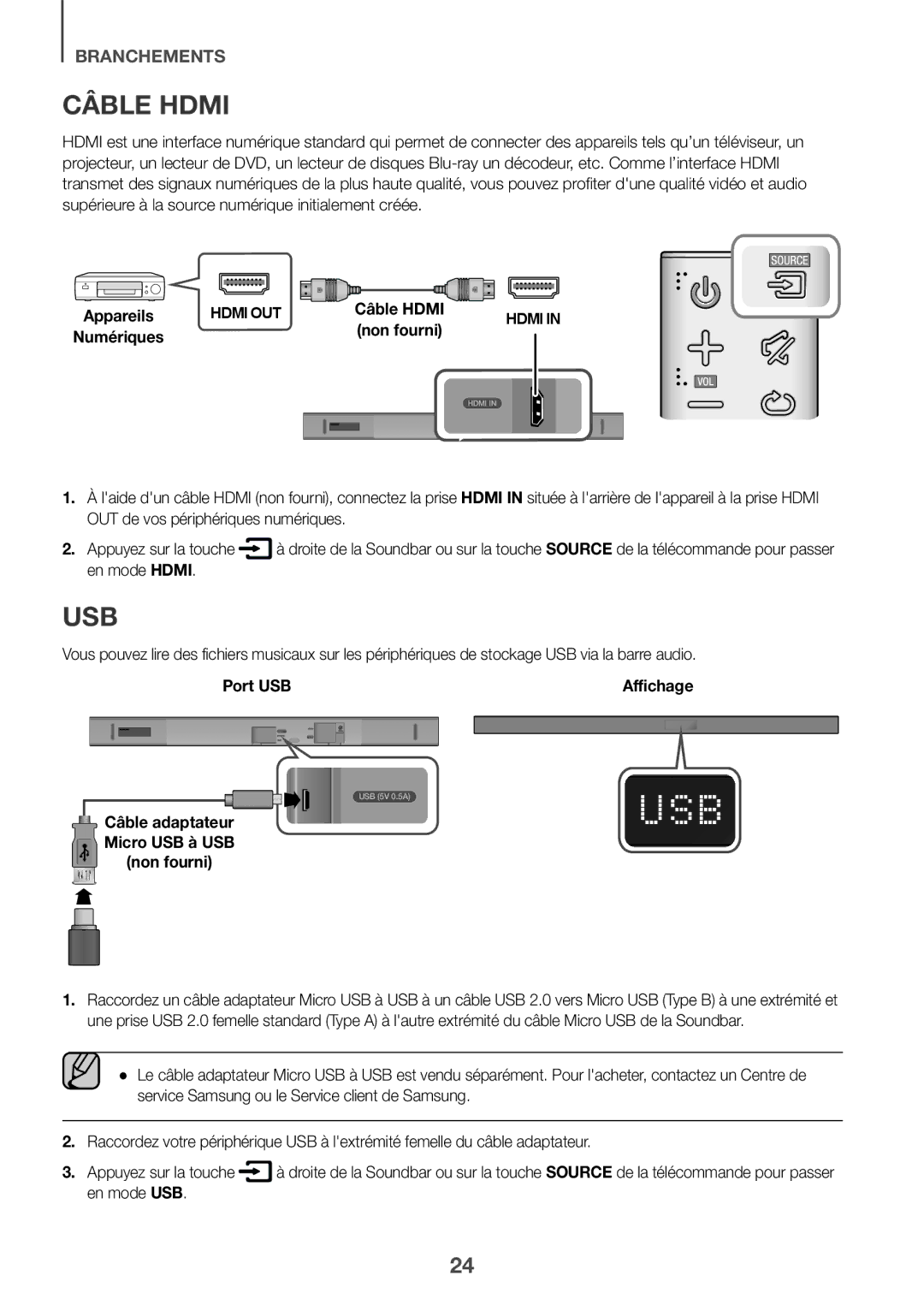 Samsung HW-K551/EN, HW-K550/EN, HW-K551/ZF, HW-K550/ZF, HW-K561/XE manual Câble Hdmi, Non fourni, En mode Hdmi, En mode USB 