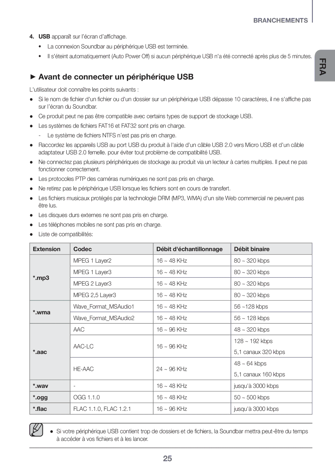 Samsung HW-K550/EN manual ++Avant de connecter un périphérique USB, Extension Codec Débit déchantillonnage Débit binaire 