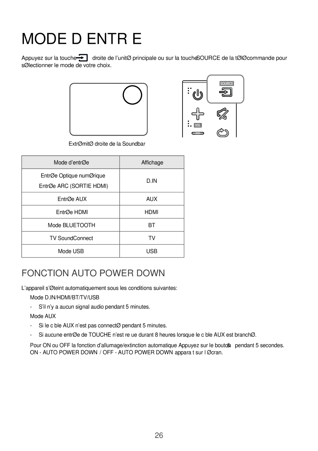 Samsung HW-K551/ZF, HW-K551/EN, HW-K550/EN, HW-K550/ZF manual Mode D’ENTRÉE, Fonction Auto Power Down, Mode dentrée Affichage 