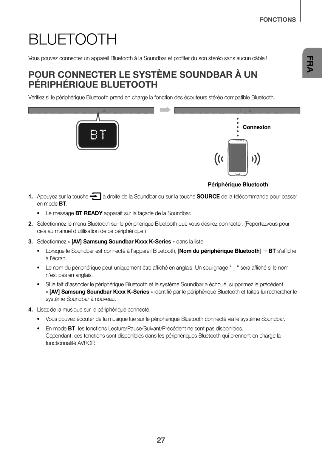 Samsung HW-K550/ZF, HW-K551/EN, HW-K550/EN, HW-K551/ZF Connexion Périphérique Bluetooth Appuyez sur la touche, En mode BT 