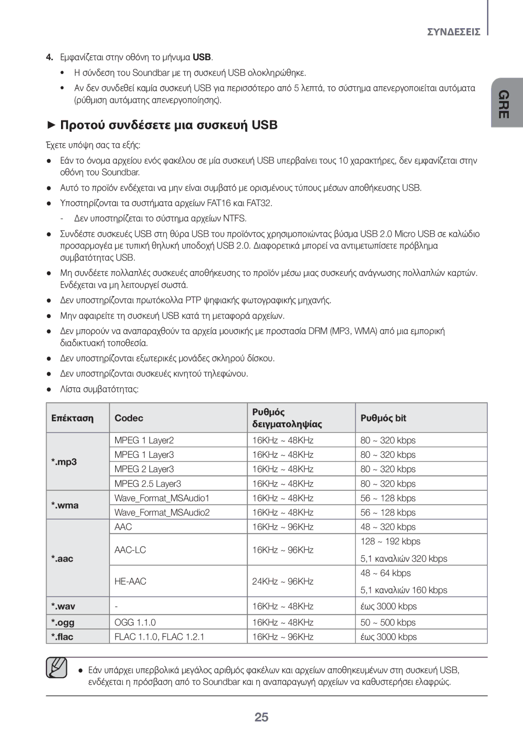 Samsung HW-K550/EN, HW-K551/EN manual ++Προτού συνδέσετε μια συσκευή USB, Επέκταση Codec Ρυθμός Ρυθμός bit Δειγματοληψίας 