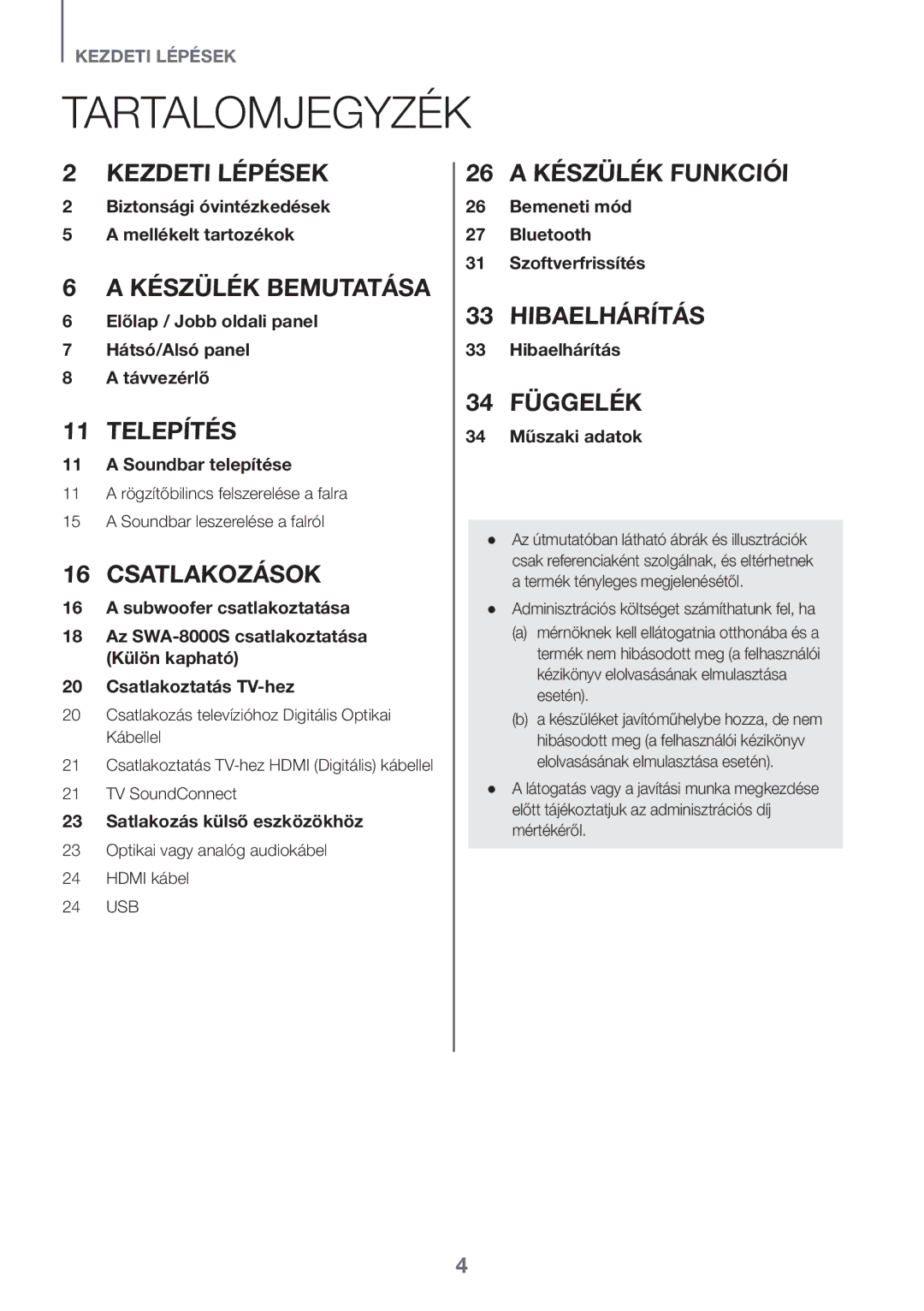 Samsung HW-K561/XE, HW-K551/EN, HW-K550/EN, HW-K551/ZF manual Tartalomjegyzék, Az SWA-8000S csatlakoztatása Külön kapható 