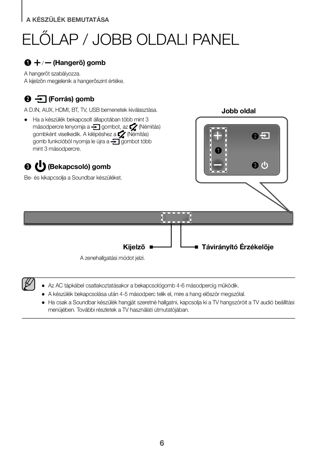 Samsung HW-K551/EN, HW-K550/EN, HW-K551/ZF manual Előlap / Jobb Oldali Panel, Hangerő gomb, Forrás gomb, Bekapcsoló gomb 