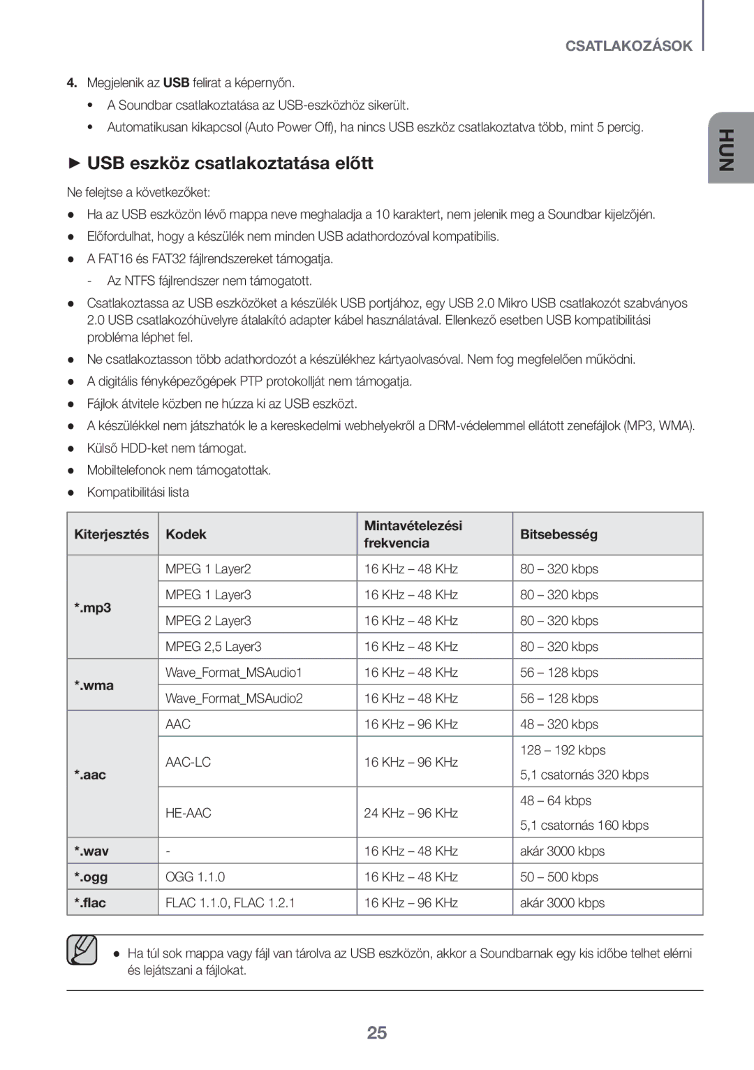 Samsung HW-K550/EN manual ++USB eszköz csatlakoztatása előtt, Kiterjesztés Kodek Mintavételezési Bitsebesség Frekvencia 