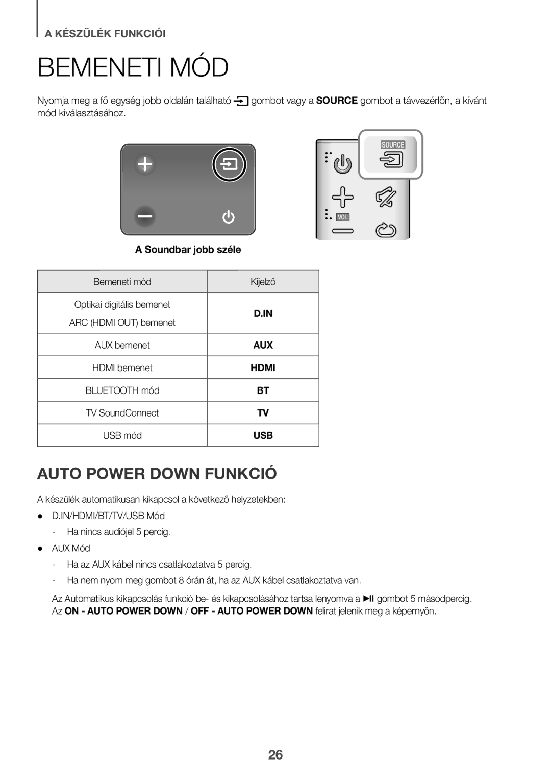 Samsung HW-K551/ZF, HW-K551/EN, HW-K550/EN Bemeneti MÓD, Auto Power Down Funkció, Mód kiválasztásához, Bemeneti mód Kijelző 