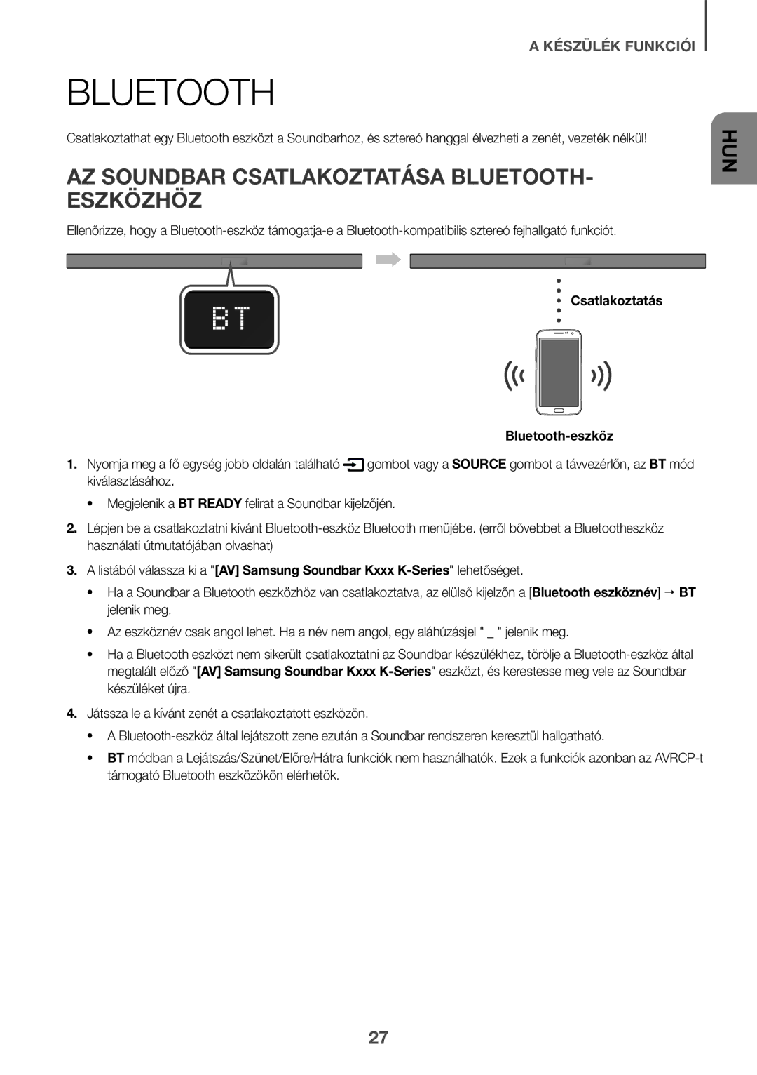 Samsung HW-K550/ZF, HW-K551/EN manual AZ Soundbar Csatlakoztatása BLUETOOTH- Eszközhöz, Csatlakoztatás Bluetooth-eszköz 