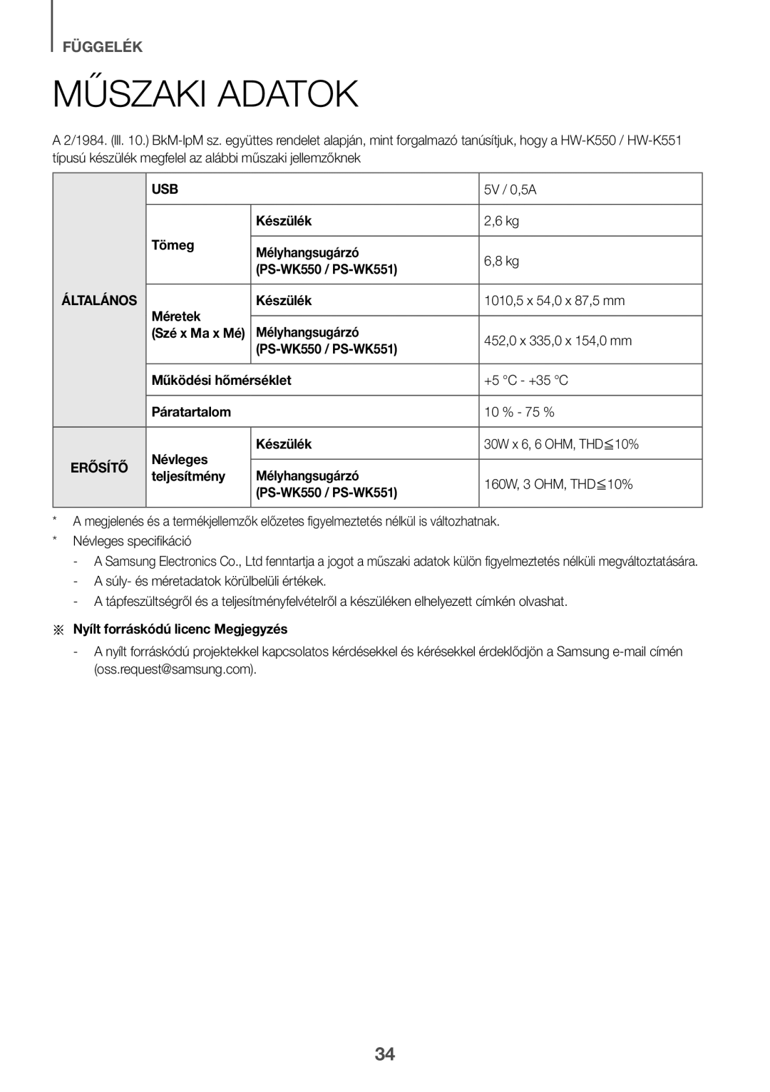 Samsung HW-K561/XE, HW-K551/EN, HW-K550/EN, HW-K551/ZF Műszaki Adatok, Tömeg Készülék Mélyhangsugárzó PS-WK550 / PS-WK551 