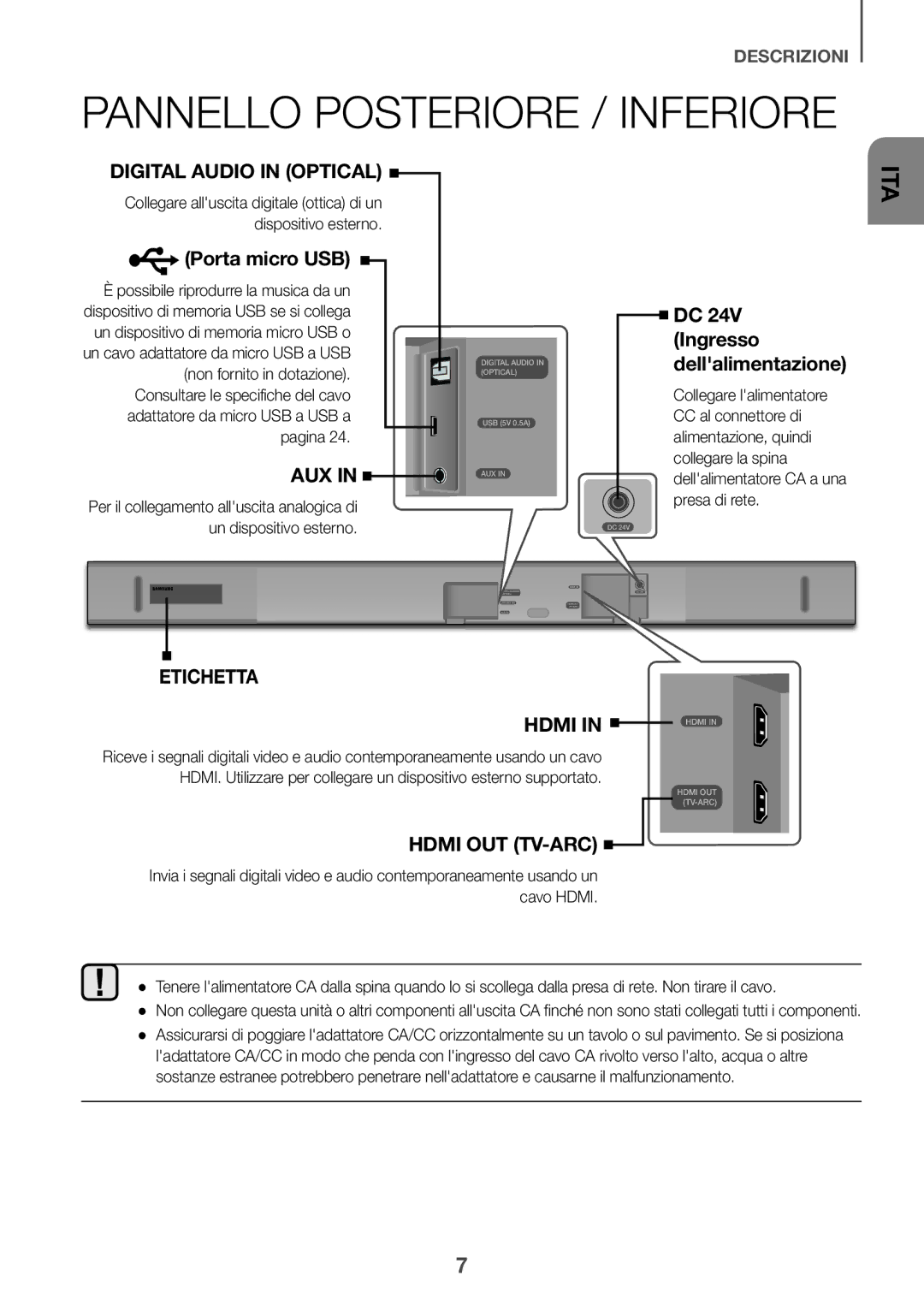 Samsung HW-K550/EN, HW-K551/EN, HW-K551/ZF, HW-K550/ZF, HW-K561/XE, HW-K560/XE Porta micro USB, Ingresso, Dellalimentazione 