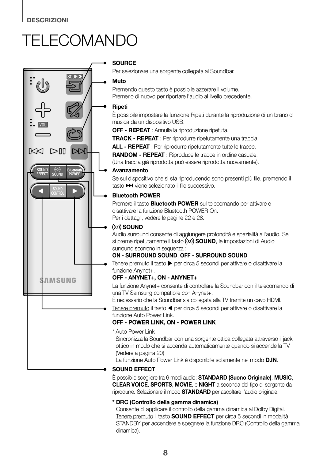 Samsung HW-K551/ZF, HW-K551/EN, HW-K550/EN manual Telecomando, Muto, Ripeti, Avanzamento, DRC Controllo della gamma dinamica 