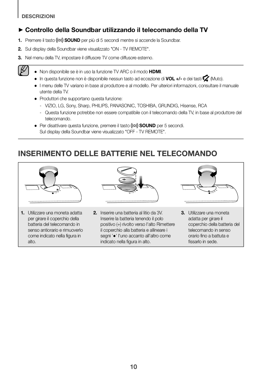 Samsung HW-K561/XE Inserimento Delle Batterie NEL Telecomando, Utente della TV Produttori che supportano questa funzione 