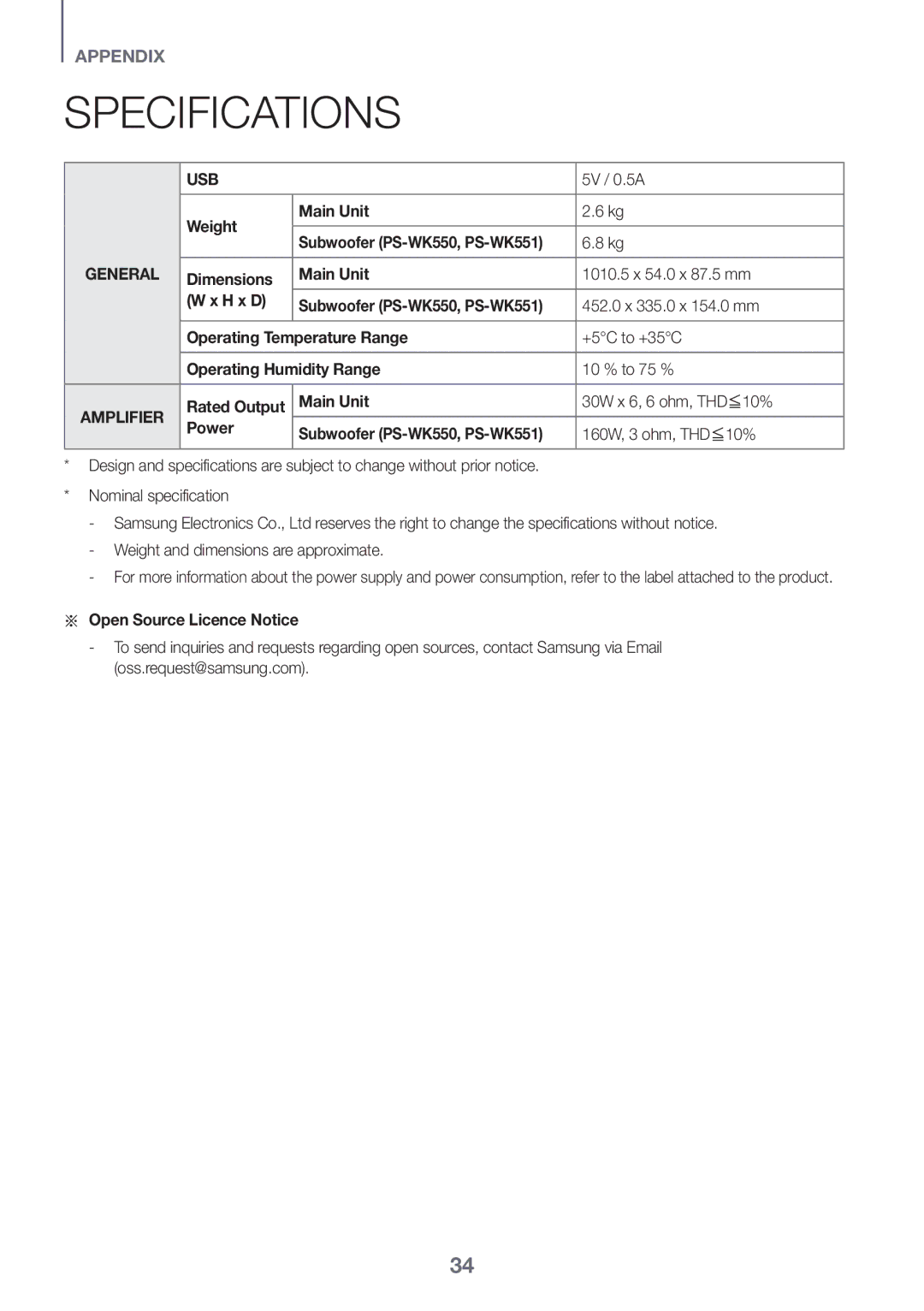 Samsung HW-K561/XE, HW-K551/EN, HW-K550/EN, HW-K551/ZF, HW-K550/ZF, HW-K560/XE manual Specifications, Usb 