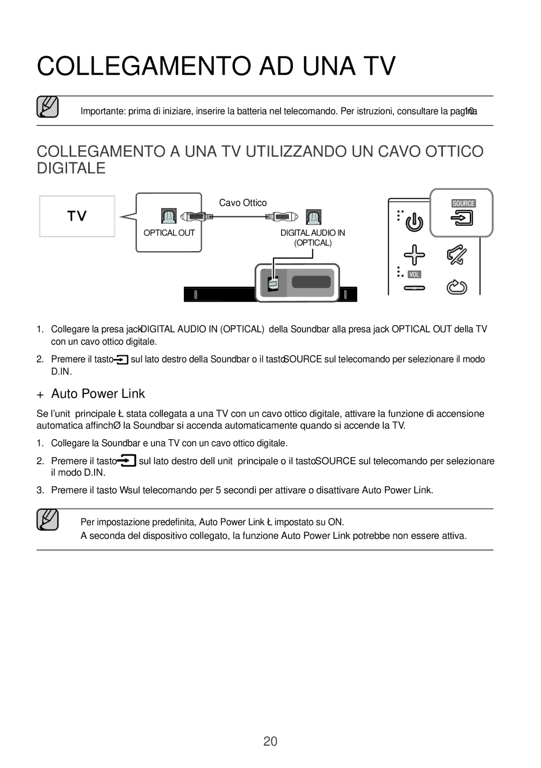 Samsung HW-K551/ZF, HW-K551/EN manual Collegamento AD UNA TV, Collegamento a UNA TV Utilizzando UN Cavo Ottico Digitale 