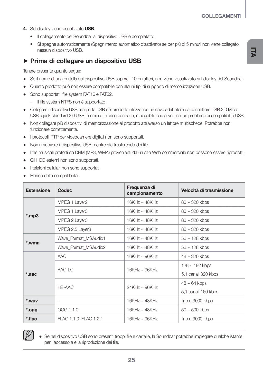 Samsung HW-K550/EN ++Prima di collegare un dispositivo USB, Tenere presente quanto segue, 16KHz ~ 48KHz Fino a 3000 kbps 