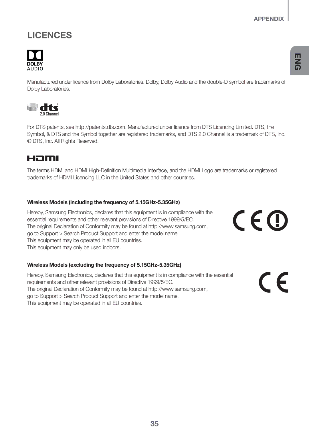 Samsung HW-K560/XE, HW-K551/EN, HW-K550/EN, HW-K551/ZF Licences, Wireless Models including the frequency of 5.15GHz-5.35GHz 