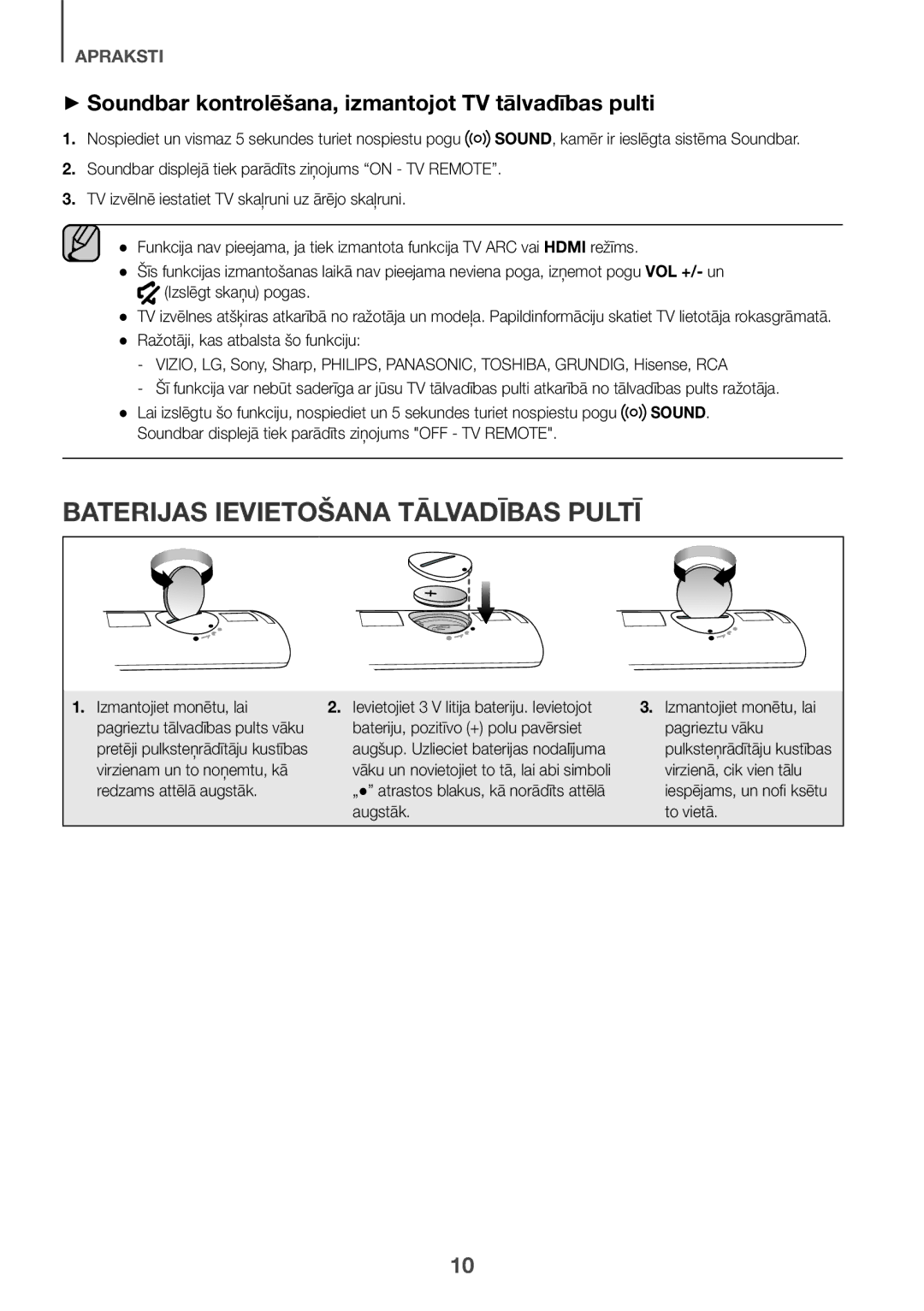 Samsung HW-K561/XE manual Baterijas Ievietošana Tālvadības Pultī, ++Soundbar kontrolēšana, izmantojot TV tālvadības pulti 