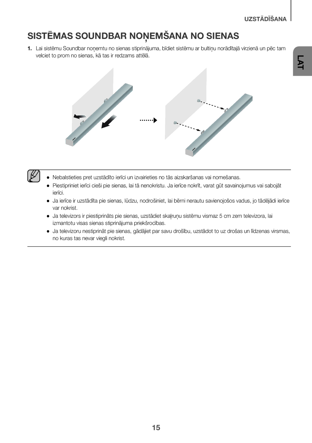 Samsung HW-K550/ZF, HW-K551/EN, HW-K550/EN, HW-K551/ZF, HW-K561/XE, HW-K560/XE manual Sistēmas Soundbar Noņemšana no Sienas 