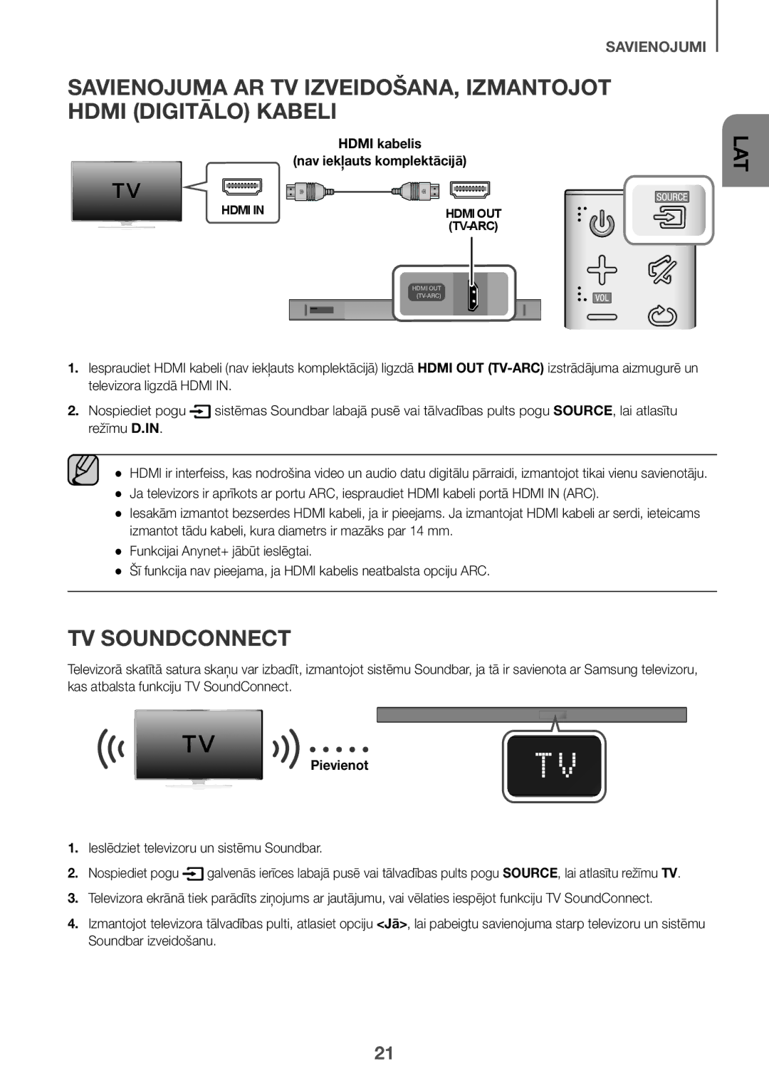 Samsung HW-K550/ZF, HW-K551/EN, HW-K550/EN, HW-K551/ZF, HW-K561/XE manual Pievienot, Ieslēdziet televizoru un sistēmu Soundbar 