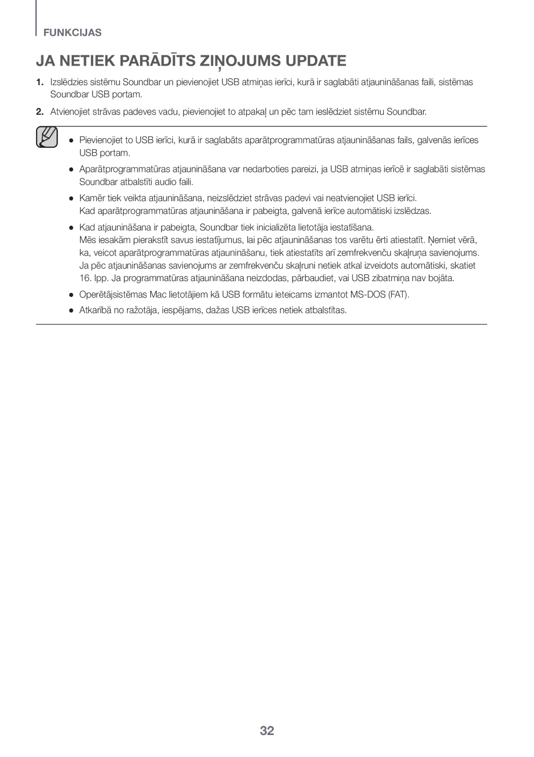 Samsung HW-K551/ZF, HW-K551/EN, HW-K550/EN, HW-K550/ZF, HW-K561/XE, HW-K560/XE manual JA Netiek Parādīts Ziņojums Update 