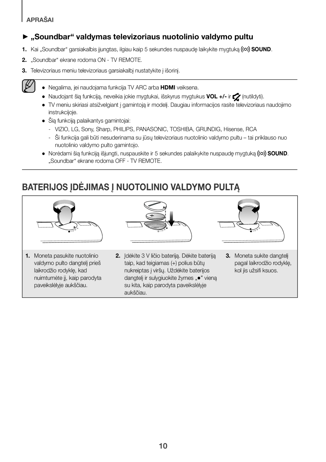 Samsung HW-K561/XE manual Baterijos Įdėjimas Į Nuotolinio Valdymo Pultą, Instrukcijoje Šią funkciją palaikantys gamintojai 