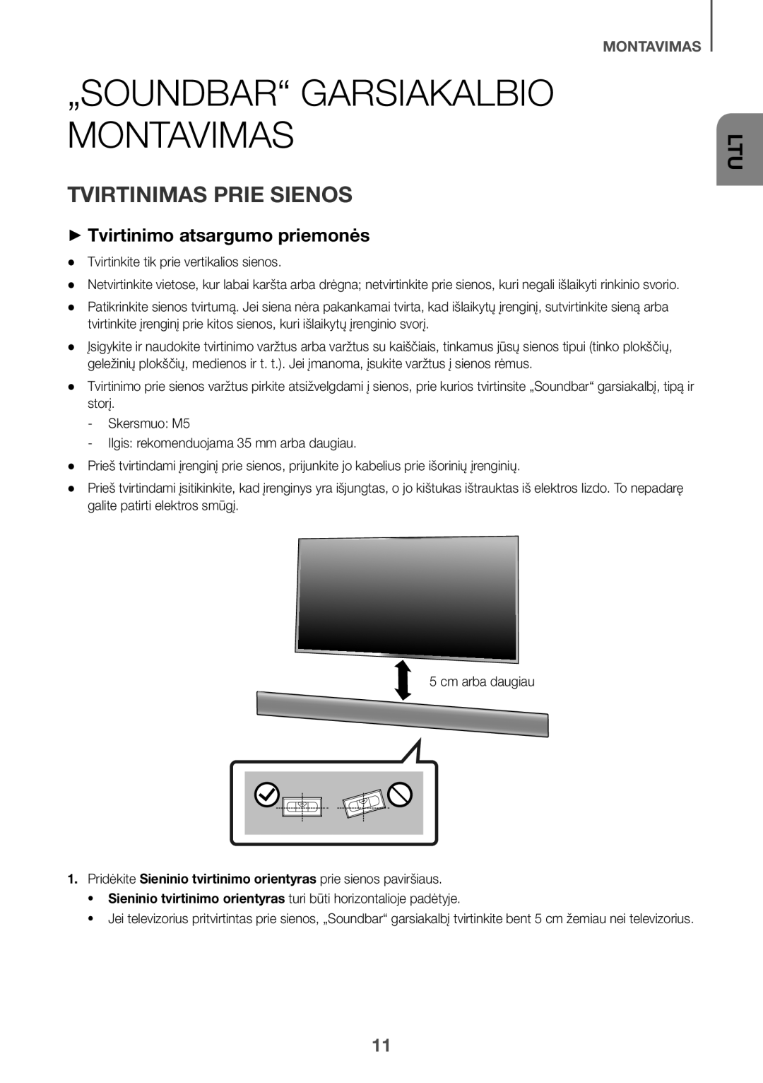 Samsung HW-K560/XE Tvirtinimas Prie Sienos, ++Tvirtinimo atsargumo priemonės, Tvirtinkite tik prie vertikalios sienos 