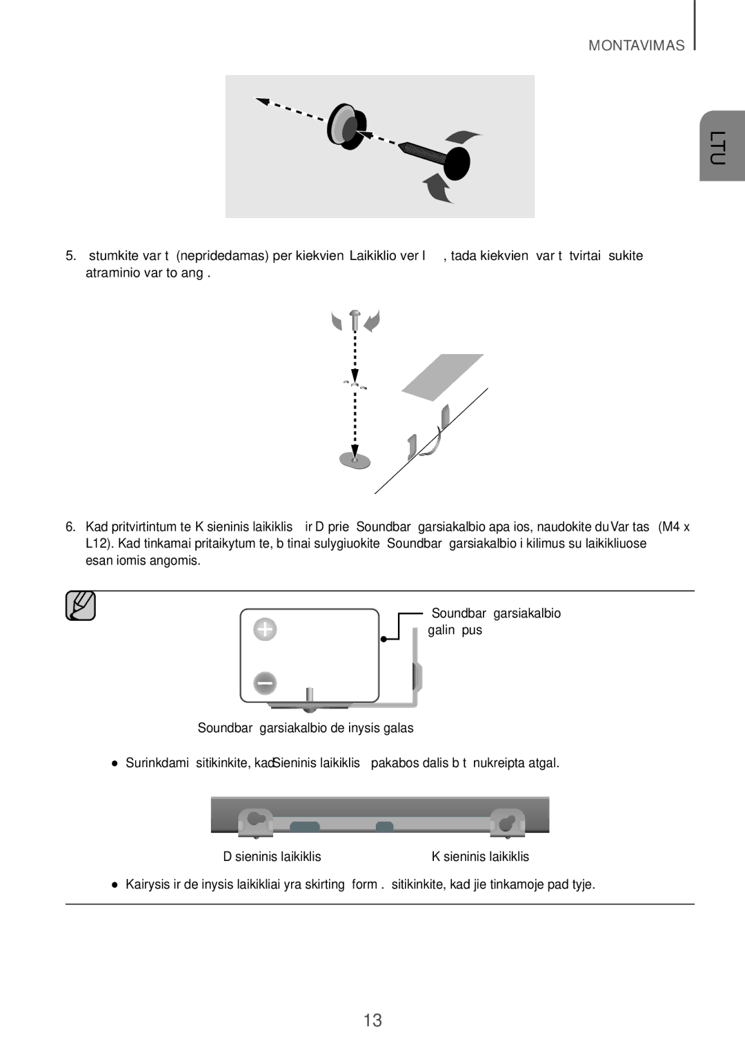 Samsung HW-K550/EN, HW-K551/EN, HW-K551/ZF, HW-K550/ZF, HW-K561/XE „Soundbar garsiakalbio dešinysis galas, Sieninis laikiklis 