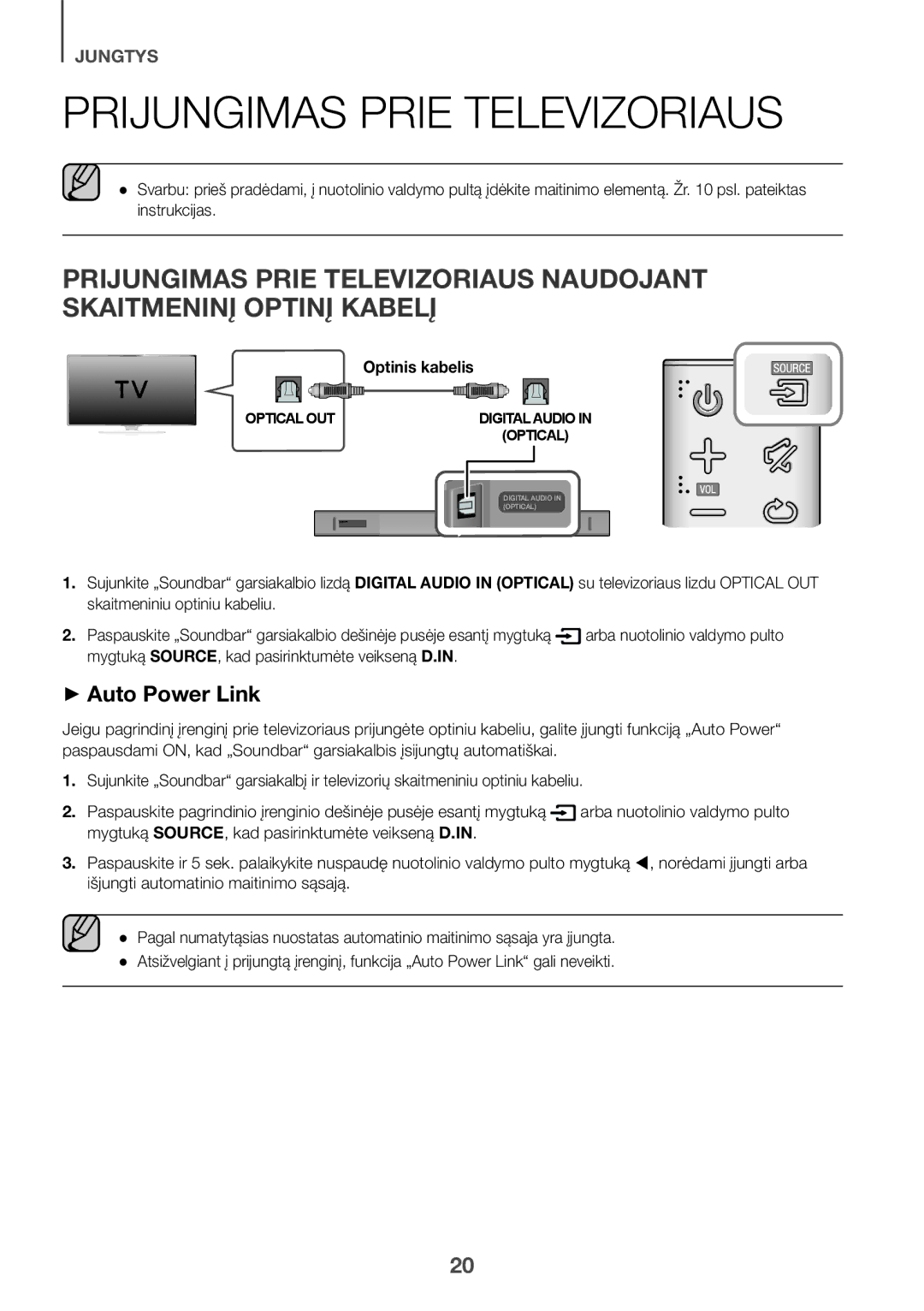 Samsung HW-K551/ZF, HW-K551/EN, HW-K550/EN Prijungimas Prie Televizoriaus, Mygtuką SOURCE, kad pasirinktumėte veikseną D.IN 