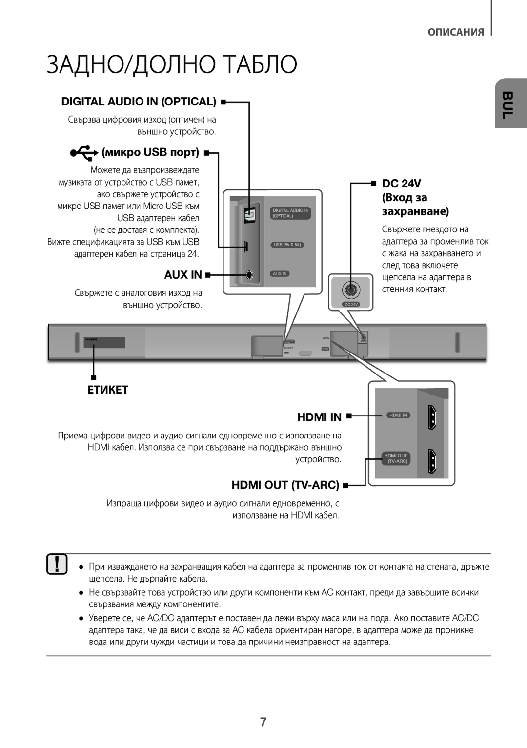 Samsung HW-K550/EN, HW-K551/EN, HW-K551/ZF, HW-K550/ZF, HW-K561/XE ЗАДНО/ДОЛНО Табло, Микро USB порт, Вход за, Захранване 