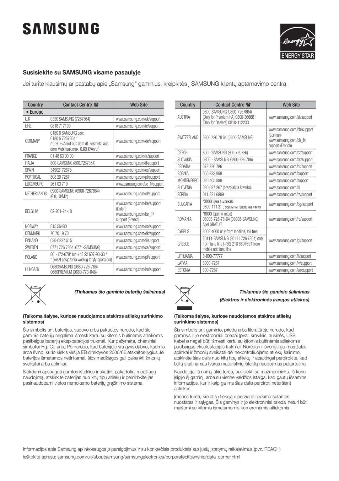 Samsung HW-K551/EN, HW-K550/EN manual Susisiekite su Samsung visame pasaulyje, Elektros ir elektroninės įrangos atliekos 