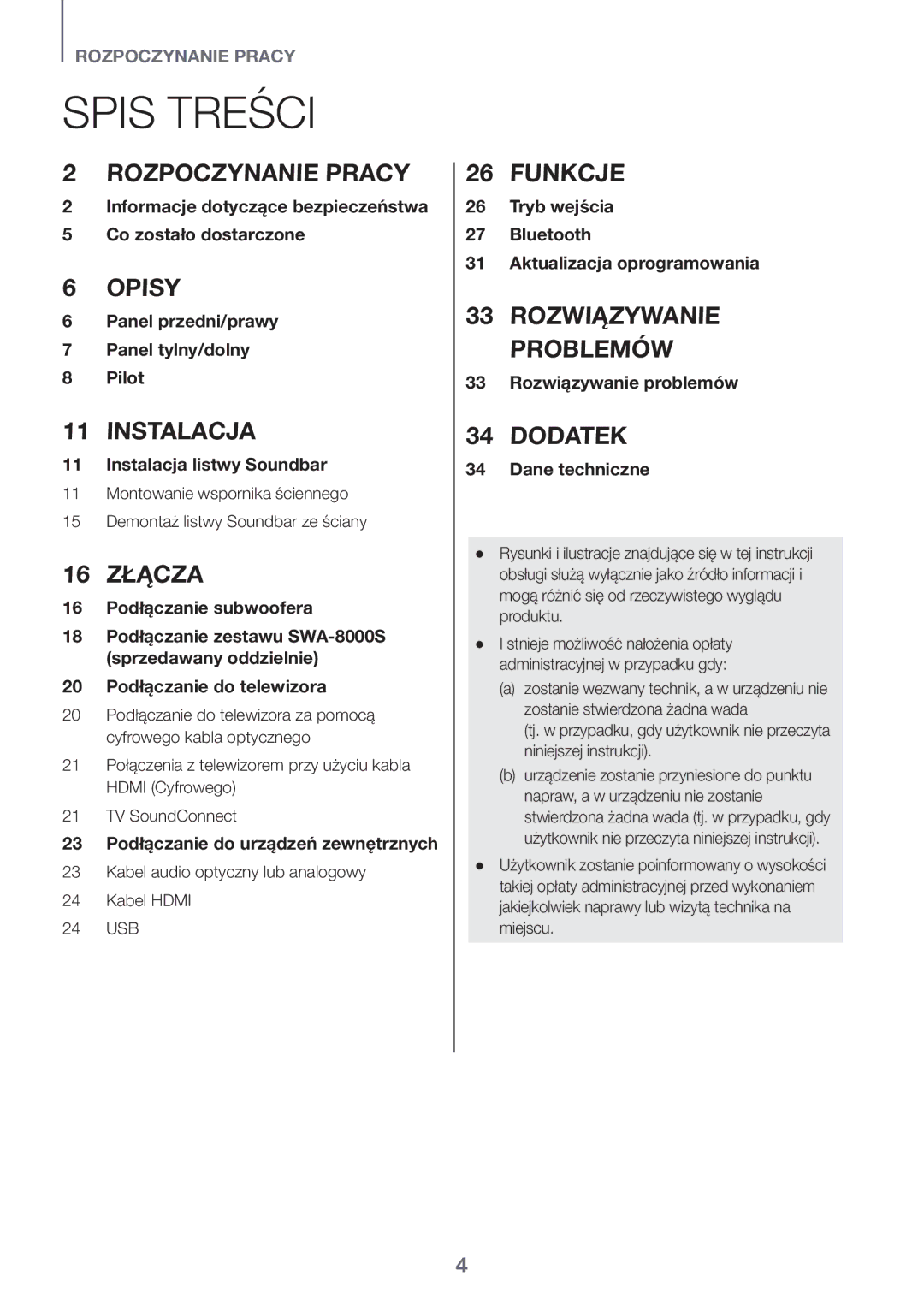 Samsung HW-K561/XE, HW-K551/EN, HW-K550/EN, HW-K551/ZF Spis Treści, 18 Podłączanie zestawu SWA-8000S sprzedawany oddzielnie 