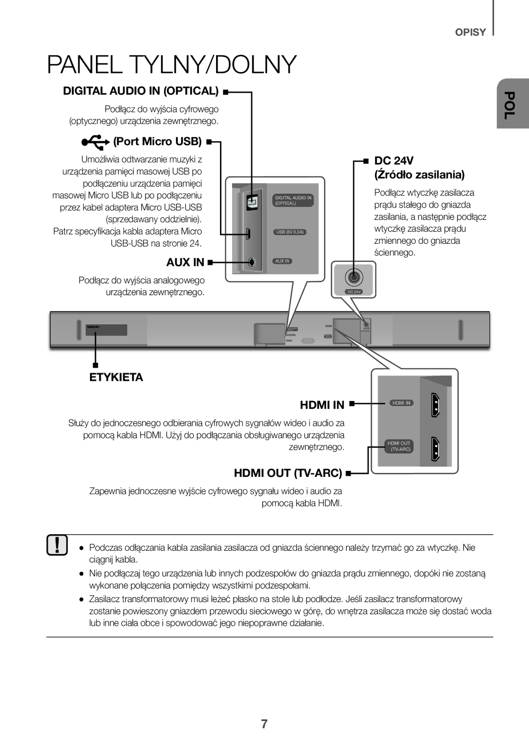 Samsung HW-K550/EN, HW-K551/EN, HW-K551/ZF, HW-K550/ZF, HW-K561/XE, HW-K560/XE manual Panel TYLNY/DOLNY, Źródło zasilania 