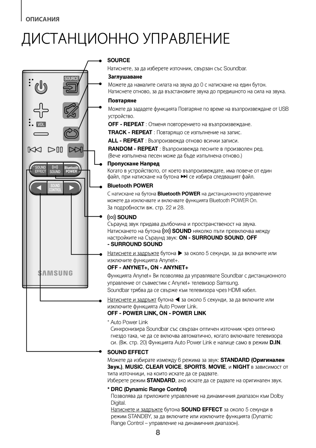 Samsung HW-K551/ZF, HW-K551/EN manual Дистанционно Управление, Заглушаване, Повтаряне, Пропускане Напред, Surround Sound 