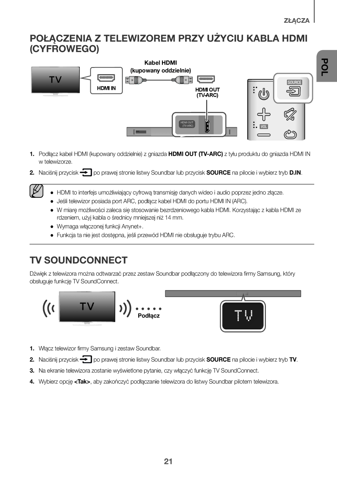 Samsung HW-K550/ZF Połączenia Z Telewizorem Przy Użyciu Kabla Hdmi Cyfrowego, Kabel Hdmi Kupowany oddzielnie, Podłącz 