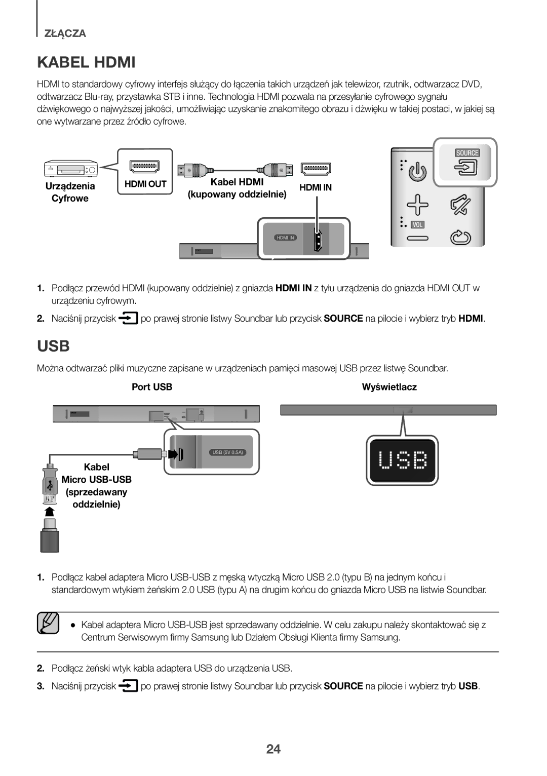 Samsung HW-K551/EN, HW-K550/EN, HW-K551/ZF, HW-K550/ZF, HW-K561/XE Kabel Hdmi, Kabel Micro USB-USB Sprzedawany Oddzielnie 