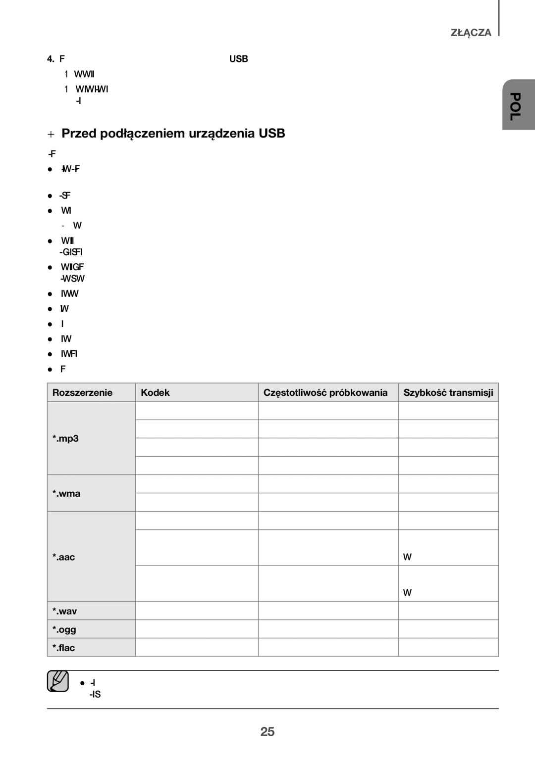 Samsung HW-K550/EN, HW-K551/EN manual ++Przed podłączeniem urządzenia USB, Rozszerzenie Kodek Częstotliwość próbkowania 