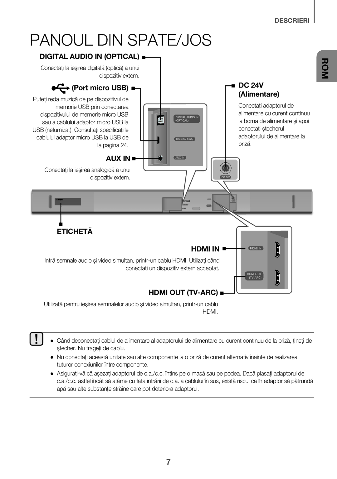 Samsung HW-K550/EN, HW-K551/EN, HW-K551/ZF, HW-K550/ZF, HW-K561/XE, HW-K560/XE manual Panoul DIN SPATE/JOS, DC 24V Alimentare 