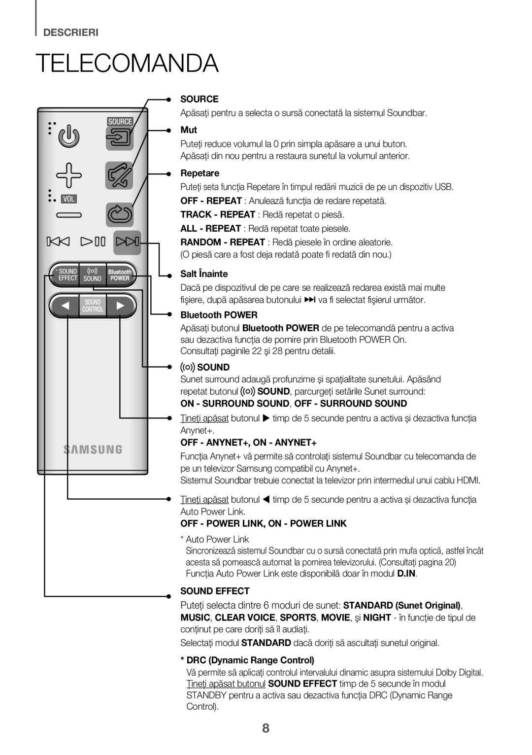 Samsung HW-K551/ZF, HW-K551/EN manual Telecomanda, Mut, Repetare, Salt Înainte, Consultaţi paginile 22 şi 28 pentru detalii 