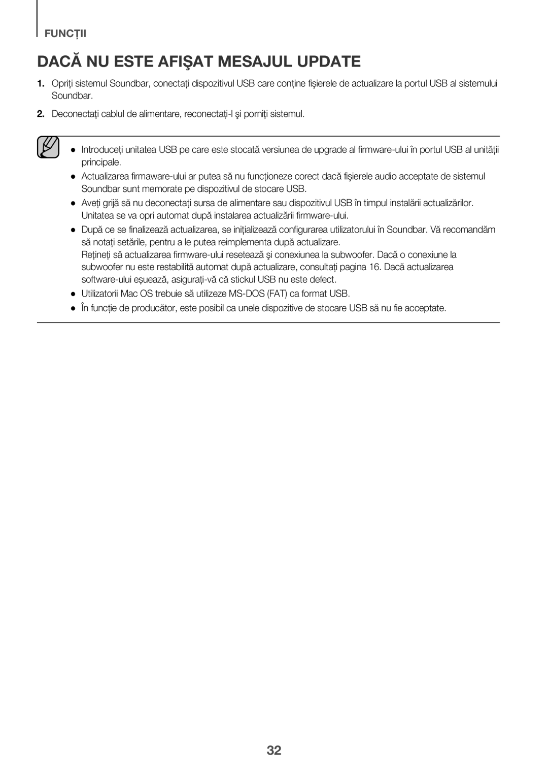 Samsung HW-K551/ZF, HW-K551/EN, HW-K550/EN, HW-K550/ZF, HW-K561/XE, HW-K560/XE manual Dacă NU Este Afişat Mesajul Update 